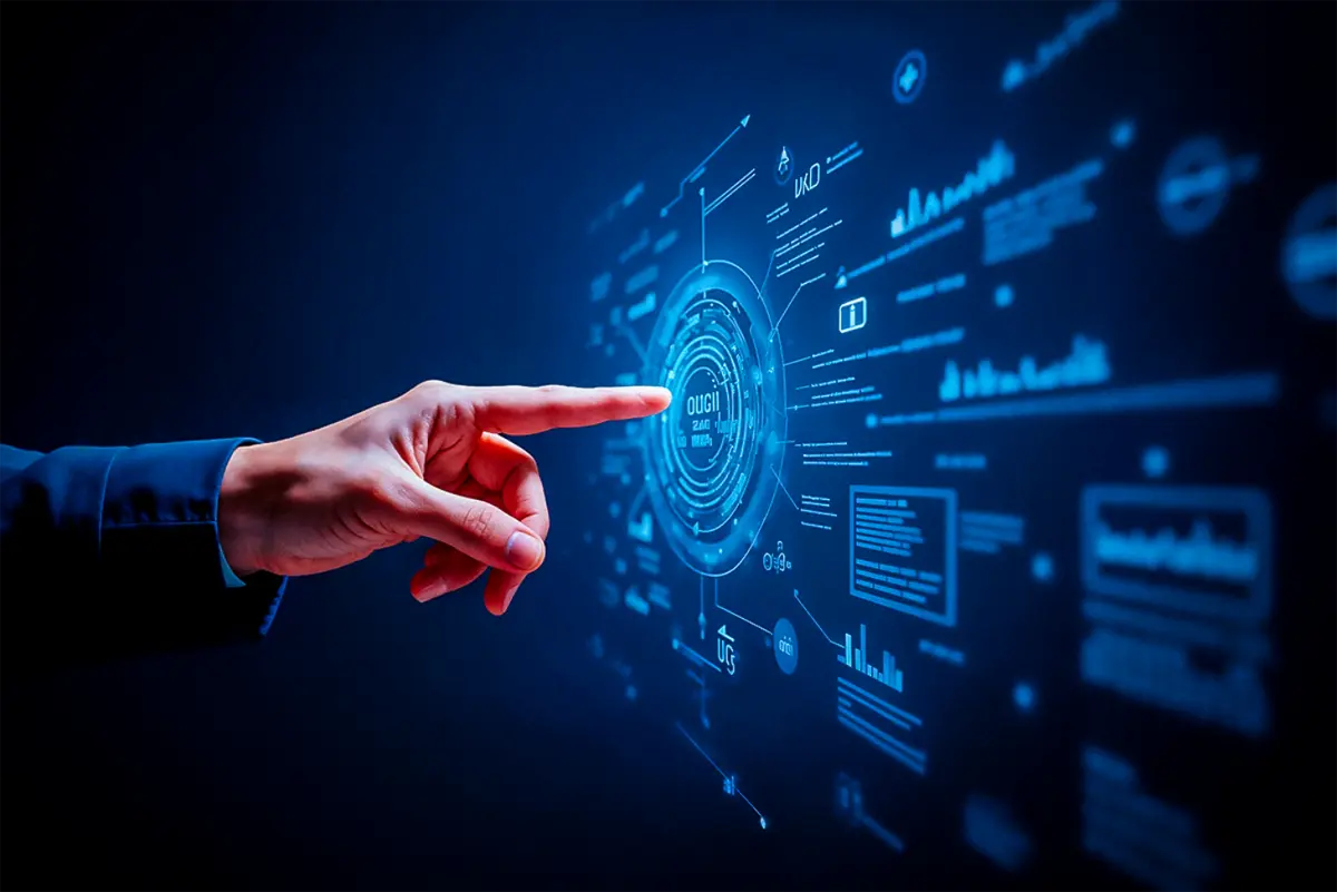 Hand Touching Digital Screen With Data Visualization